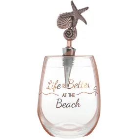 Beach Bottle Stopper and 20 oz Stemless Gift Set