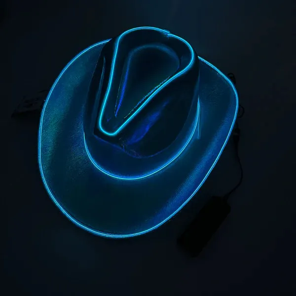 Blue EL WIRE Light Up Iridescent Space Cowboy Hat - Pack of 2 Hats