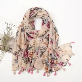 Floral Cotton & Linen Scarf with Fringe Detail - Medium-Length Elegance for Women