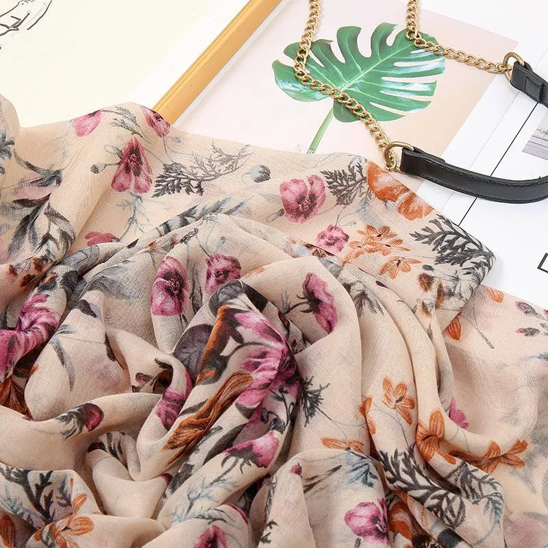 Floral Cotton & Linen Scarf with Fringe Detail - Medium-Length Elegance for Women