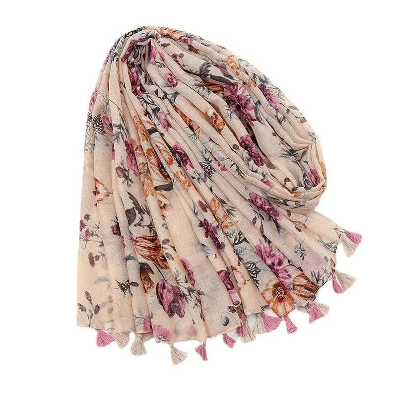 Floral Cotton & Linen Scarf with Fringe Detail - Medium-Length Elegance for Women