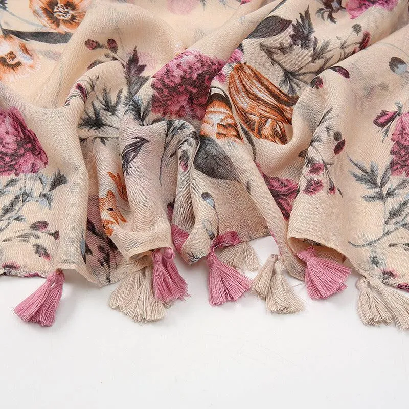 Floral Cotton & Linen Scarf with Fringe Detail - Medium-Length Elegance for Women