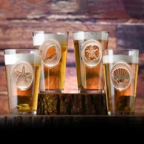 Hand Etched Seashell Pub Glass Set