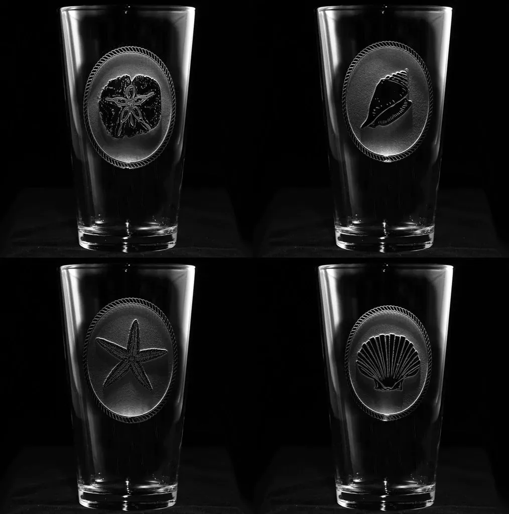 Hand Etched Seashell Pub Glass Set