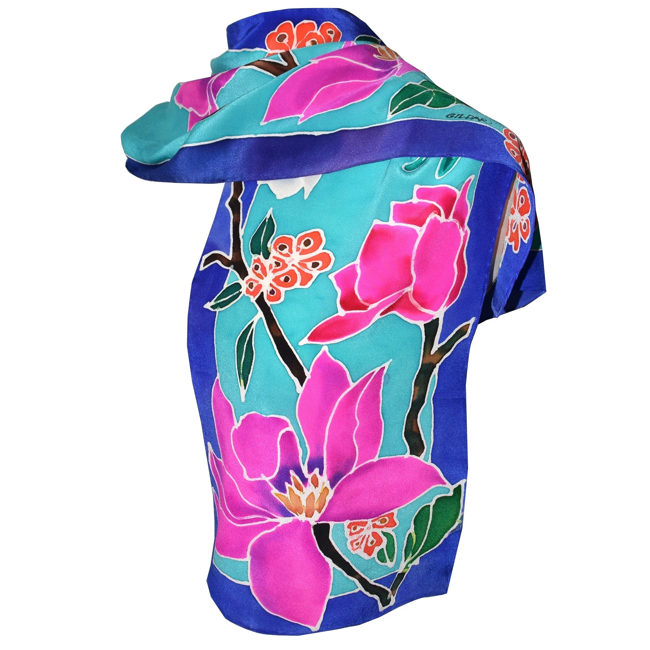 Hand Painted Floral on Turquoise Crepe de Chine Silk Scarf