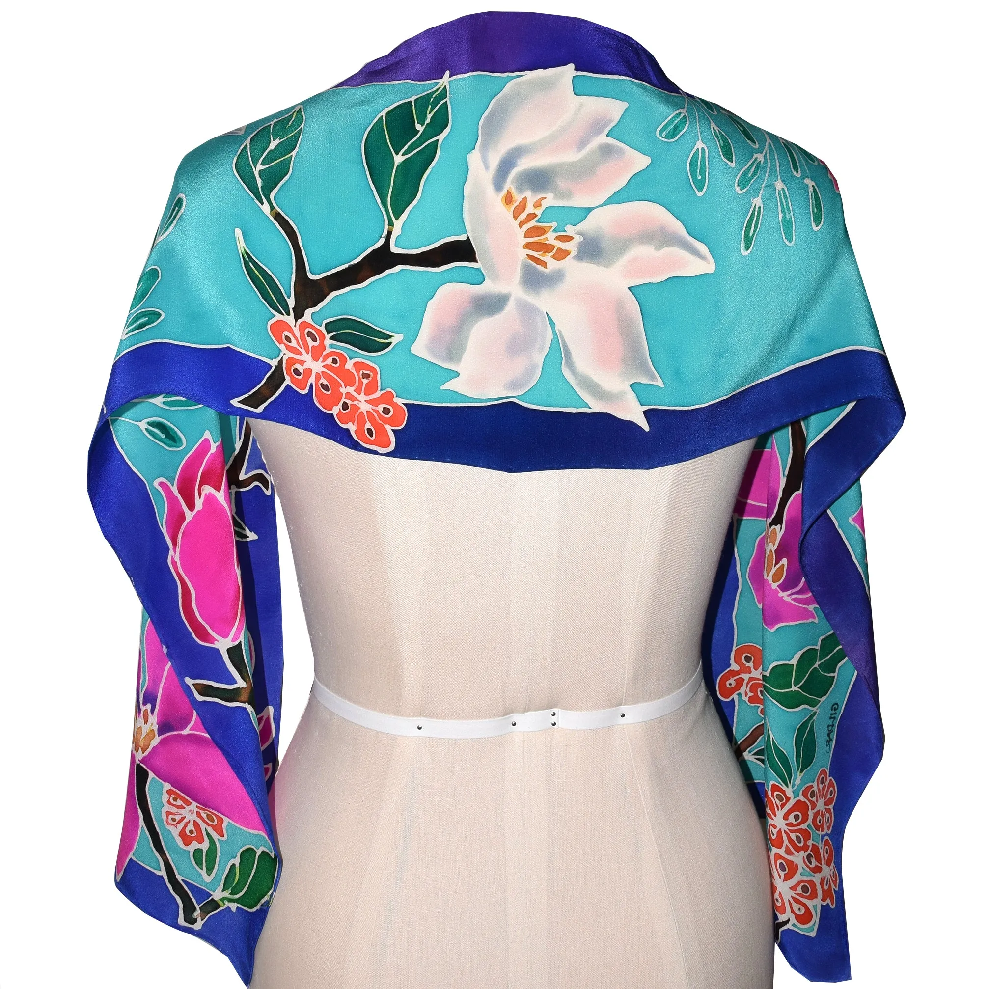 Hand Painted Floral on Turquoise Crepe de Chine Silk Scarf