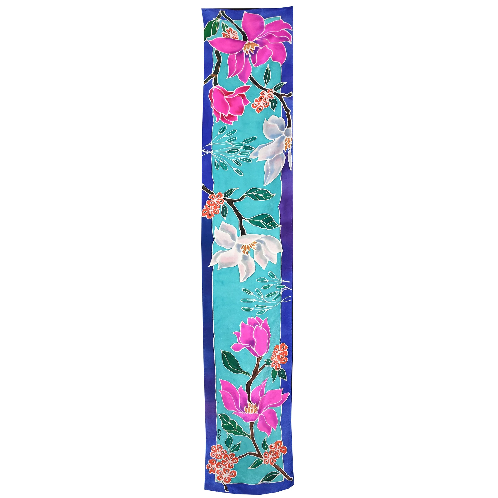 Hand Painted Floral on Turquoise Crepe de Chine Silk Scarf