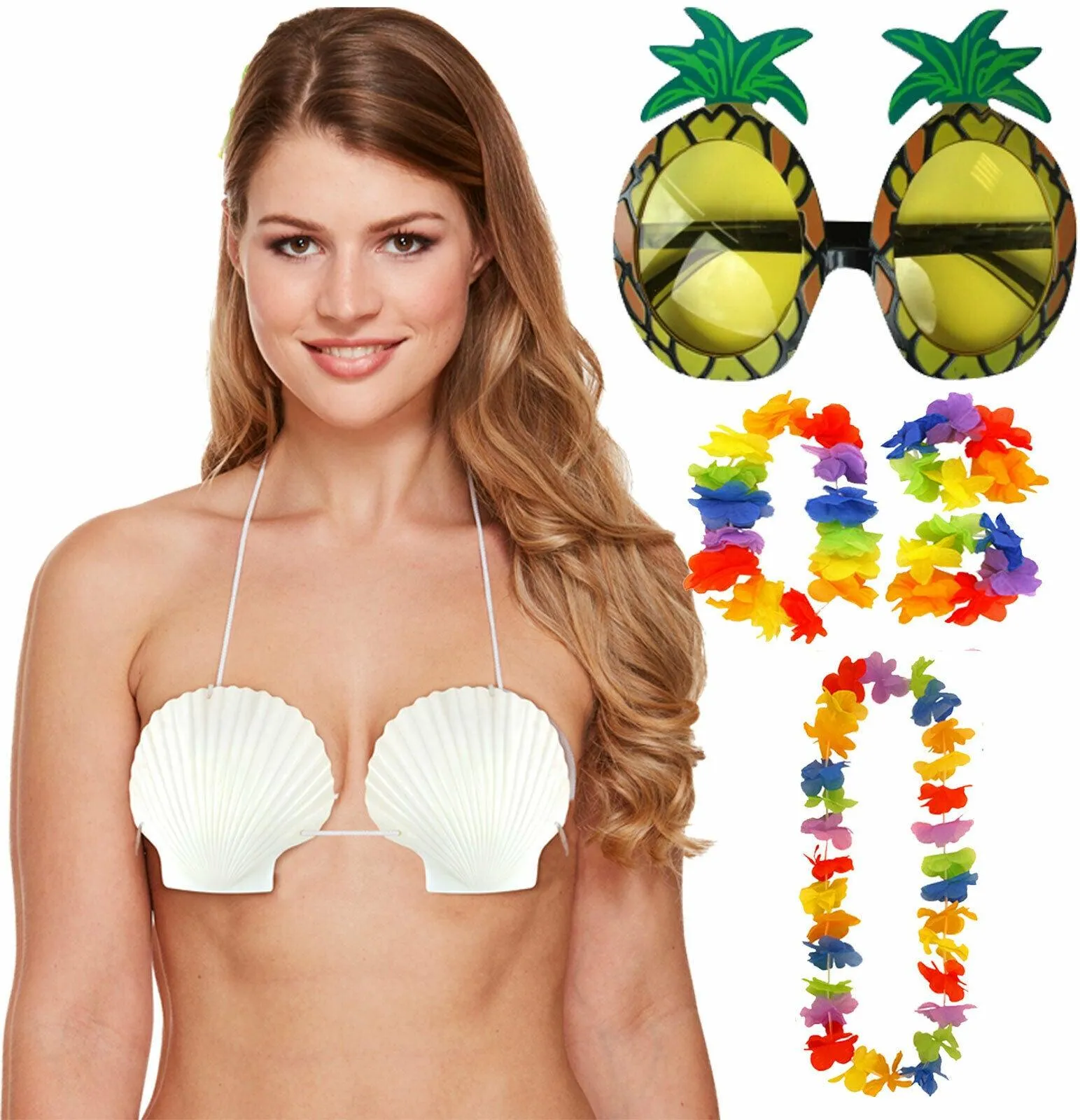 Ladies Sea Shell Bra 4 Pc Lei Pineapple Glasses Hawaiian Hula Beach Party Set