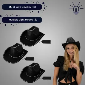 LED Flashing EL Wire Black Sequin Cowboy Party Hat - Pack of 3 Hats