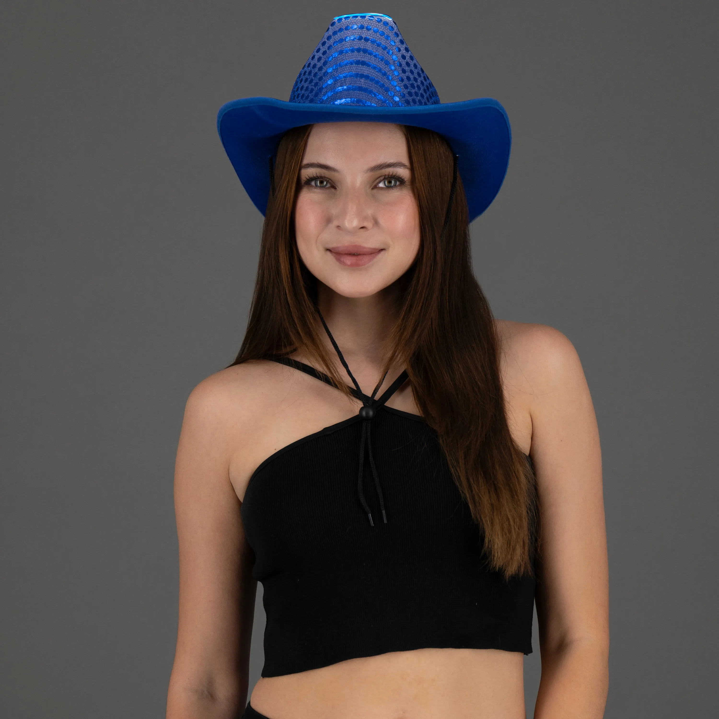 LED Flashing EL Wire Blue Sequin Cowboy Party Hat - Pack of 4 Hats