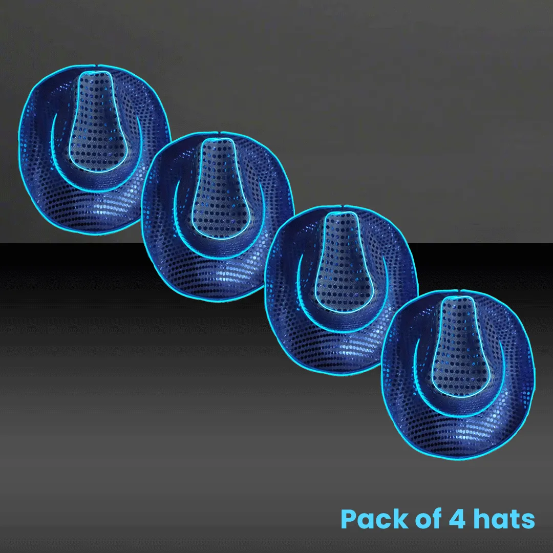 LED Flashing EL Wire Blue Sequin Cowboy Party Hat - Pack of 4 Hats