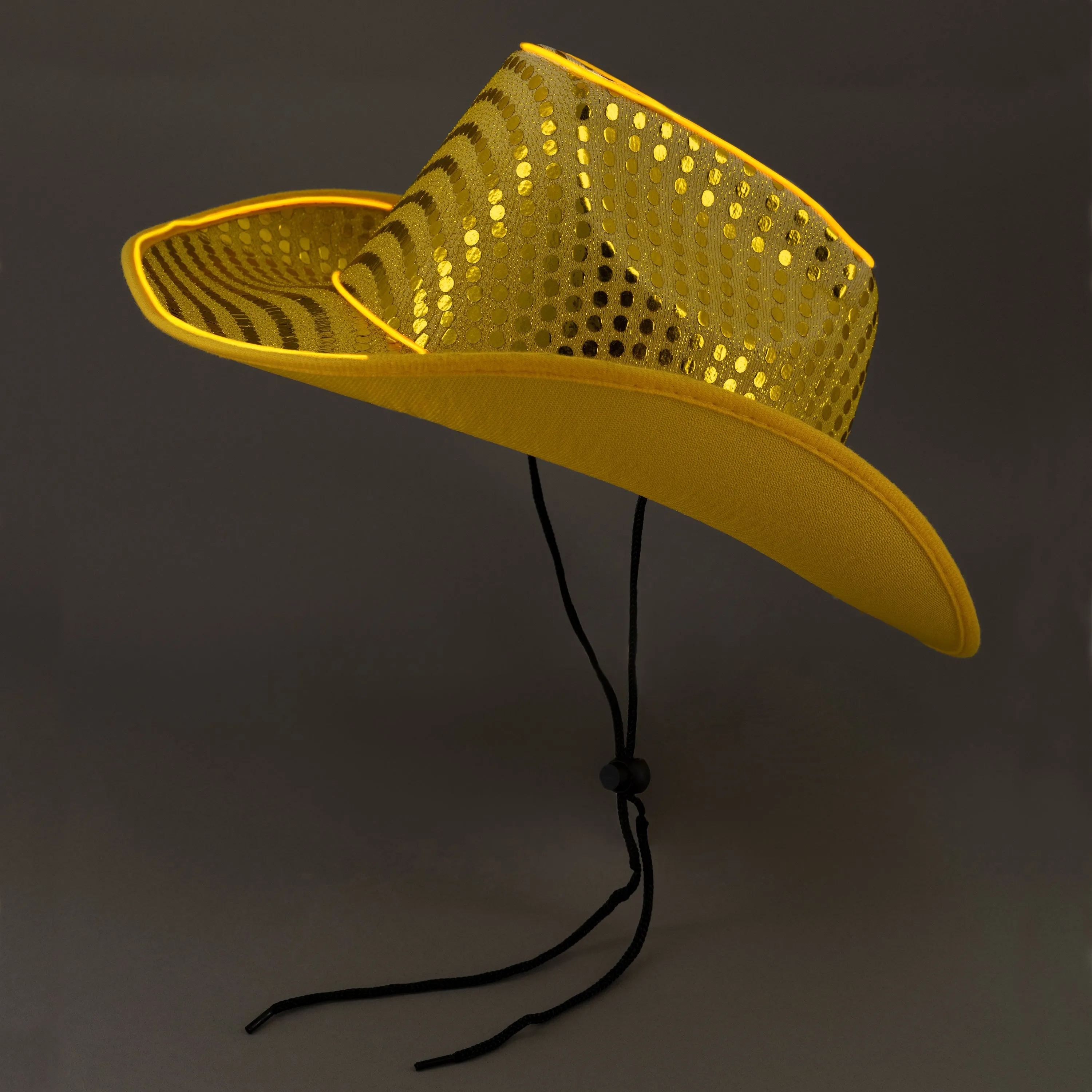 LED Flashing Gold EL Wire Sequin Cowboy Party Hat - Pack of 18 Hats