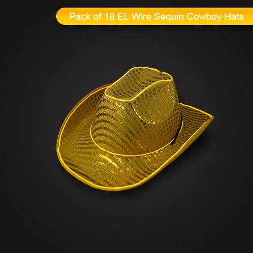 LED Flashing Gold EL Wire Sequin Cowboy Party Hat - Pack of 18 Hats