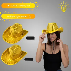 LED Flashing Gold EL Wire Sequin Cowboy Party Hat - Pack of 2 Hats