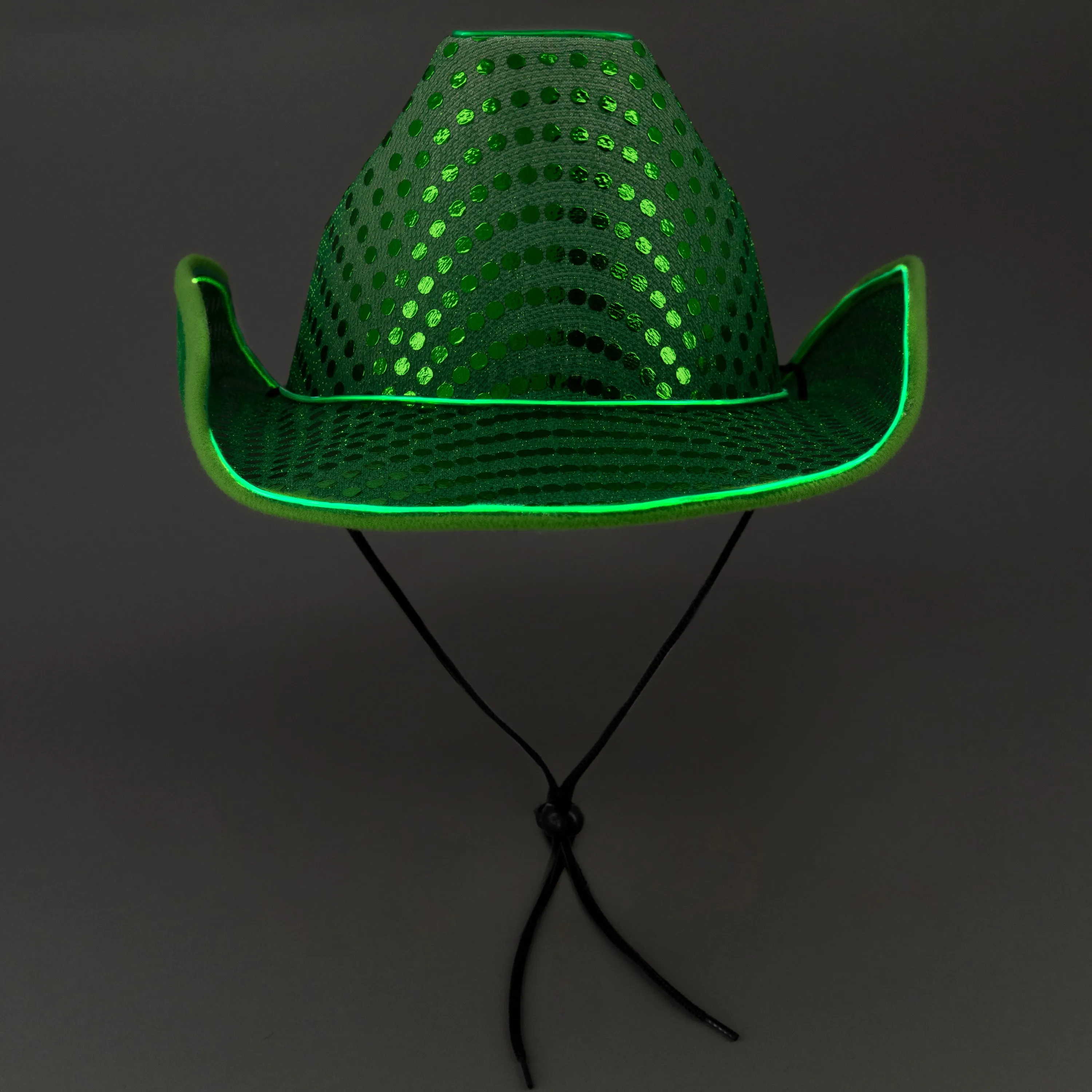 LED Flashing Green EL Wire Sequin Cowboy Party Hat - Pack of 3 Hats