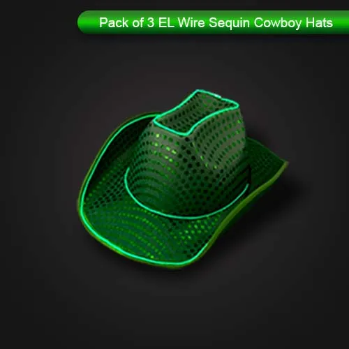 LED Flashing Green EL Wire Sequin Cowboy Party Hat - Pack of 3 Hats