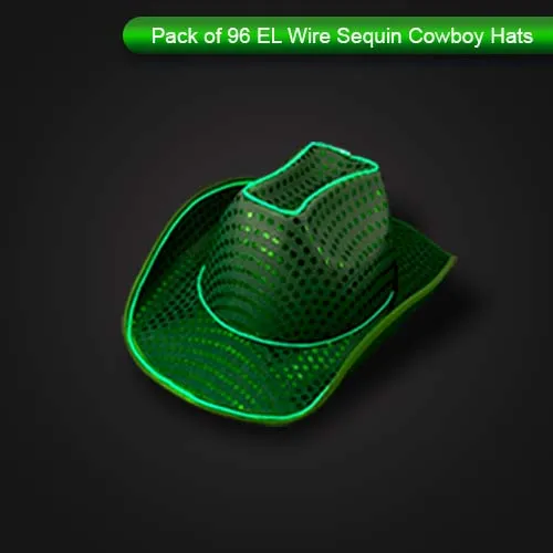 LED Flashing Green EL Wire Sequin Cowboy Party Hat - Pack of 96 Hats