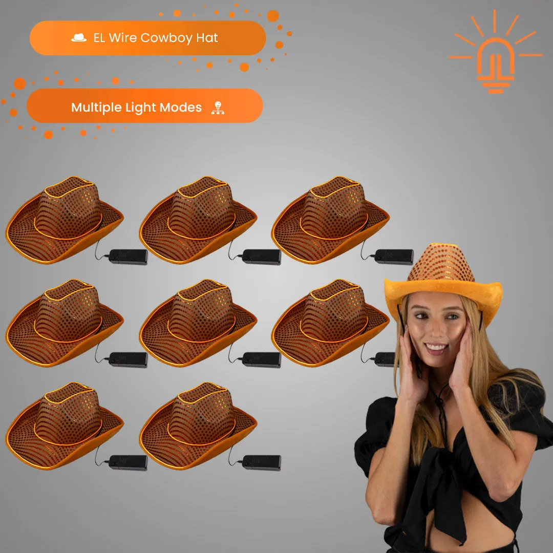 LED Flashing Orange EL Wire Sequin Cowboy Party Hat - Pack of 12 Hats