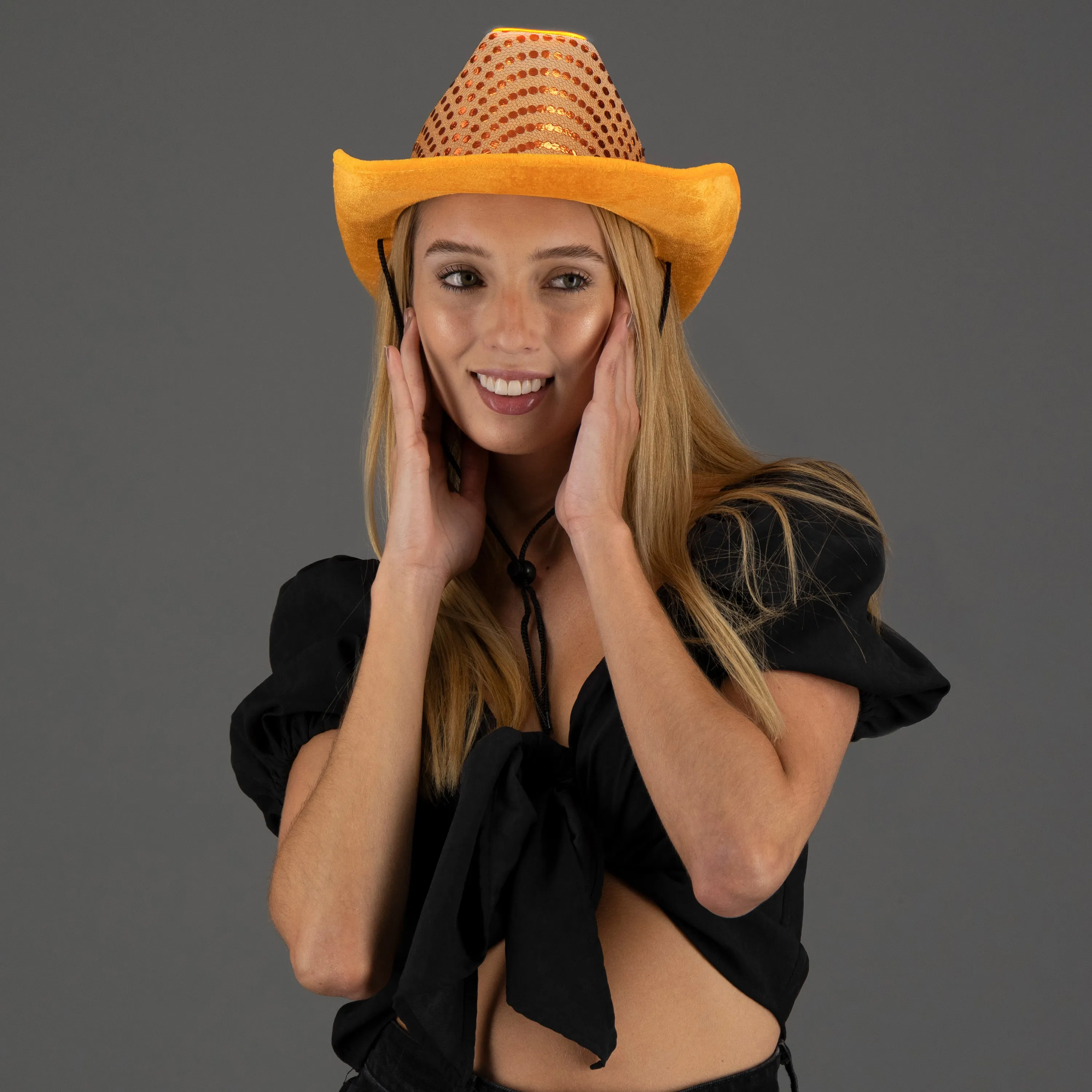 LED Flashing Orange EL Wire Sequin Cowboy Party Hat - Pack of 12 Hats