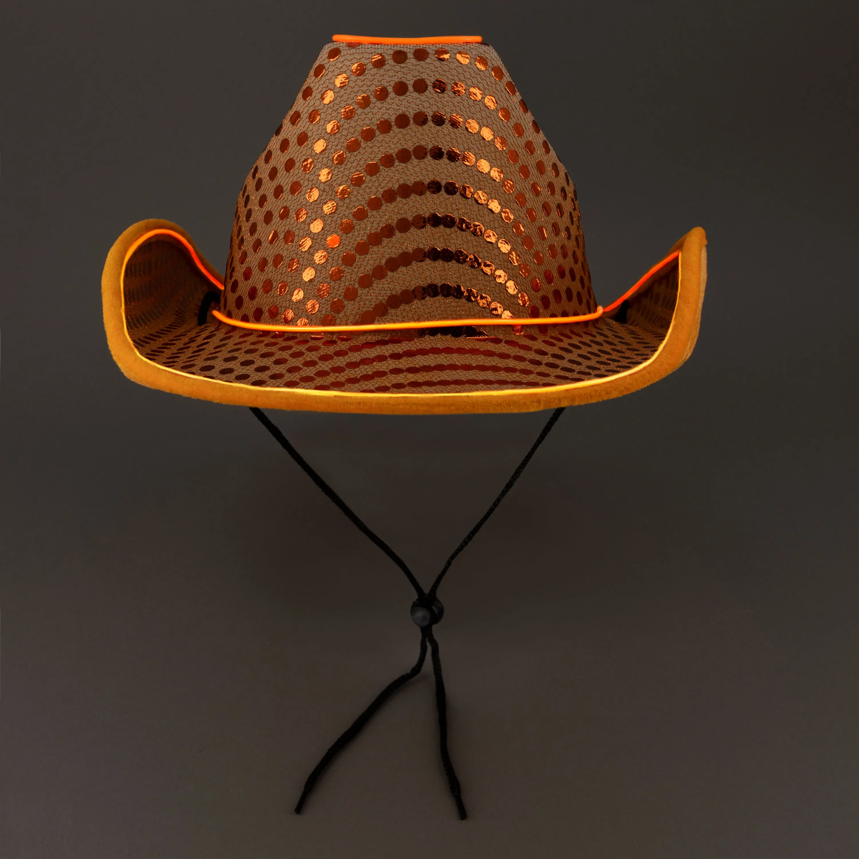 LED Flashing Orange EL Wire Sequin Cowboy Party Hat - Pack of 12 Hats