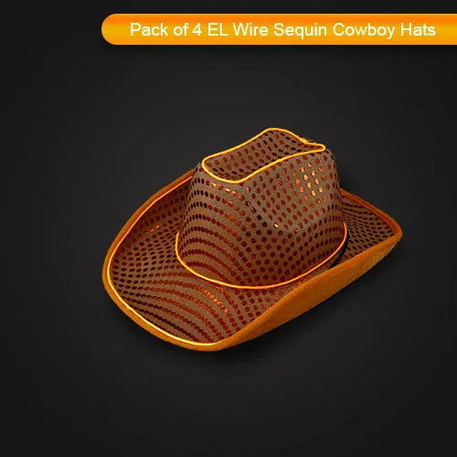 LED Flashing Orange EL Wire Sequin Cowboy Party Hat - Pack of 4 Hats