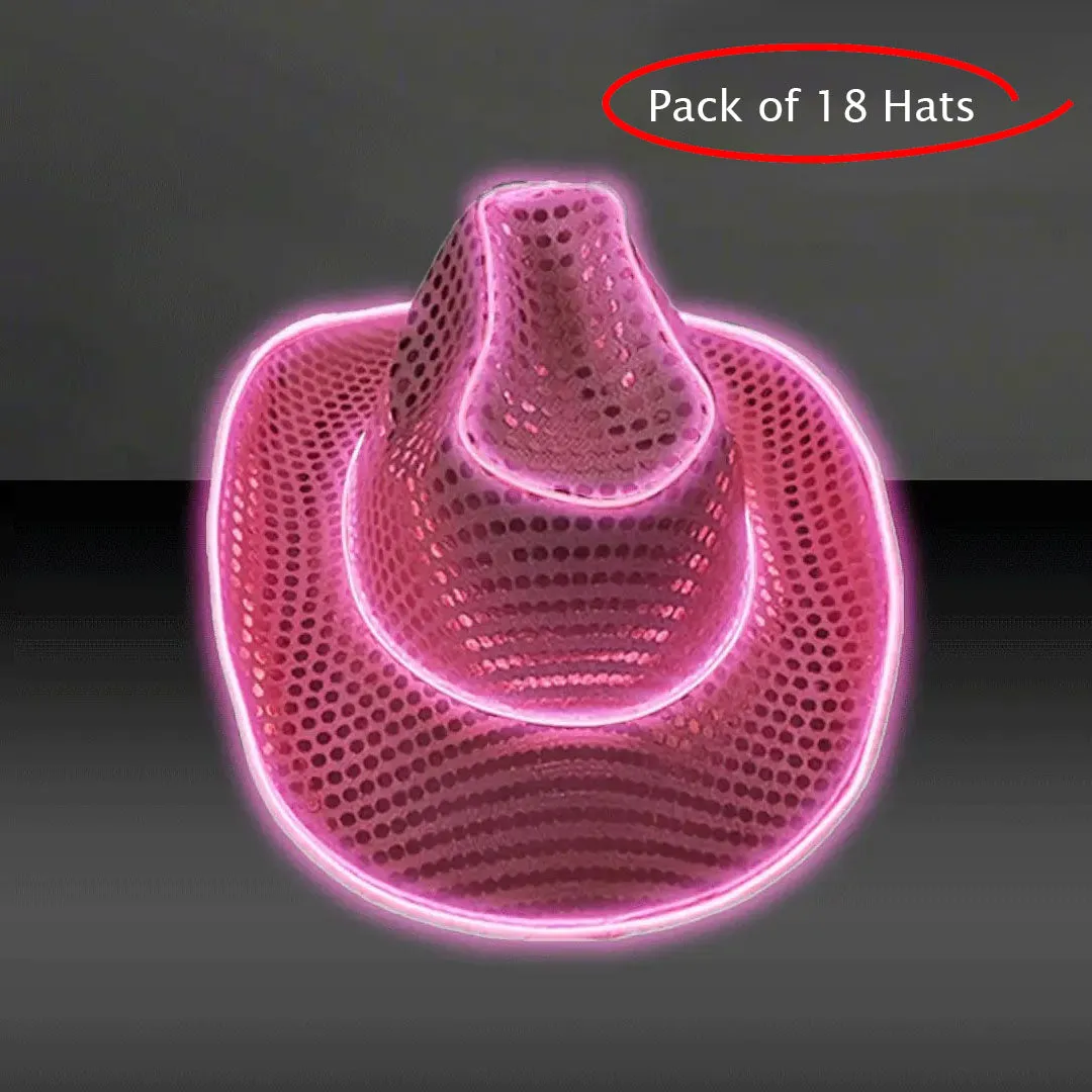 LED Flashing Pink EL Wire Sequin Cowboy Party Hat - Pack of 18 Hats