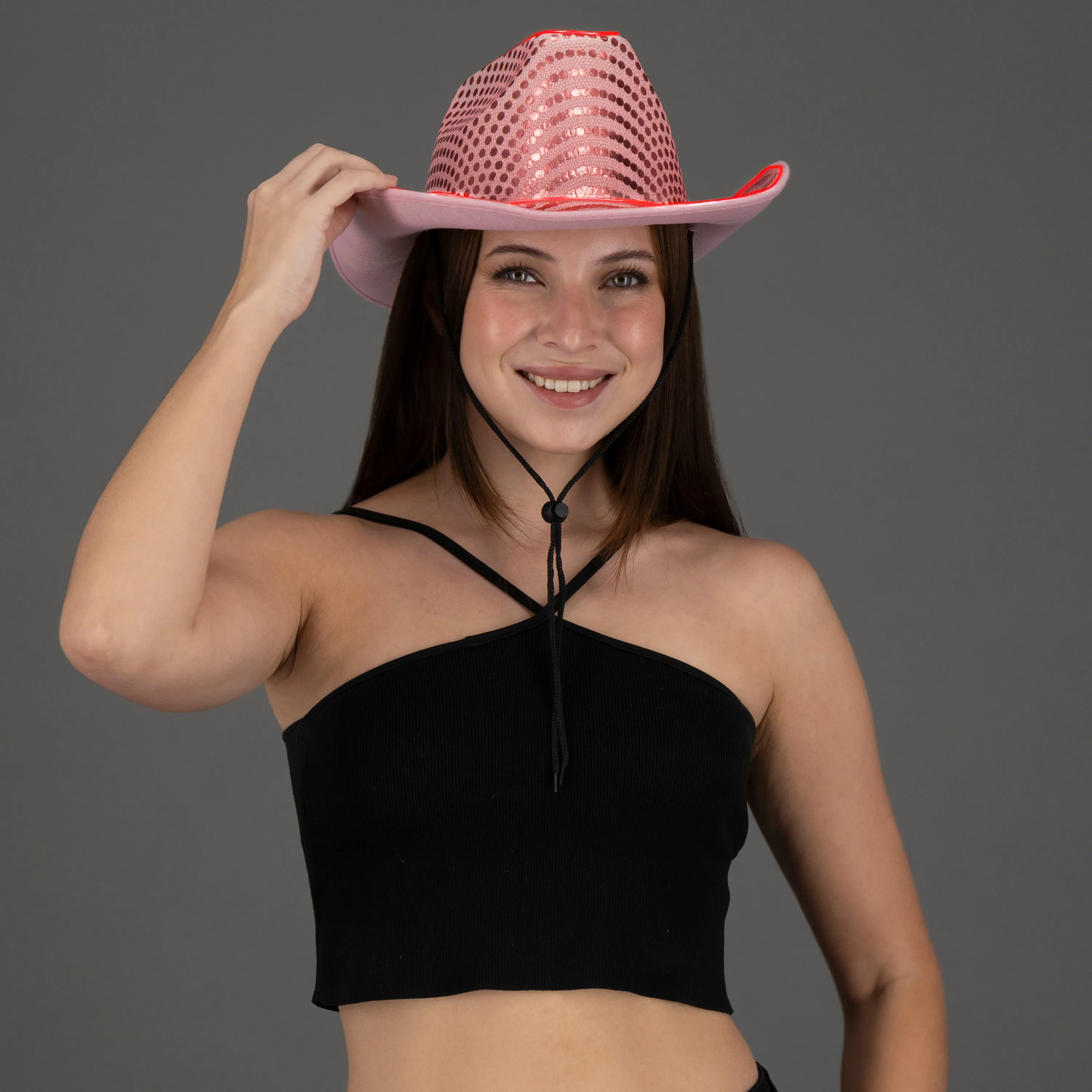 LED Flashing Pink EL Wire Sequin Cowboy Party Hat - Pack of 18 Hats