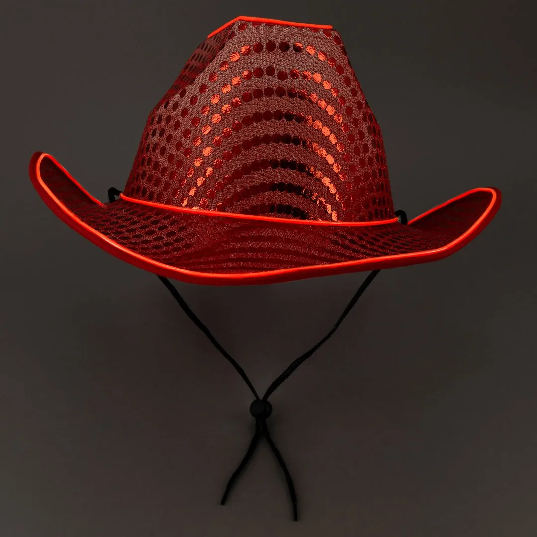 LED Flashing Red EL Wire Sequin Cowboy Party Hat - Pack of 18 Hats