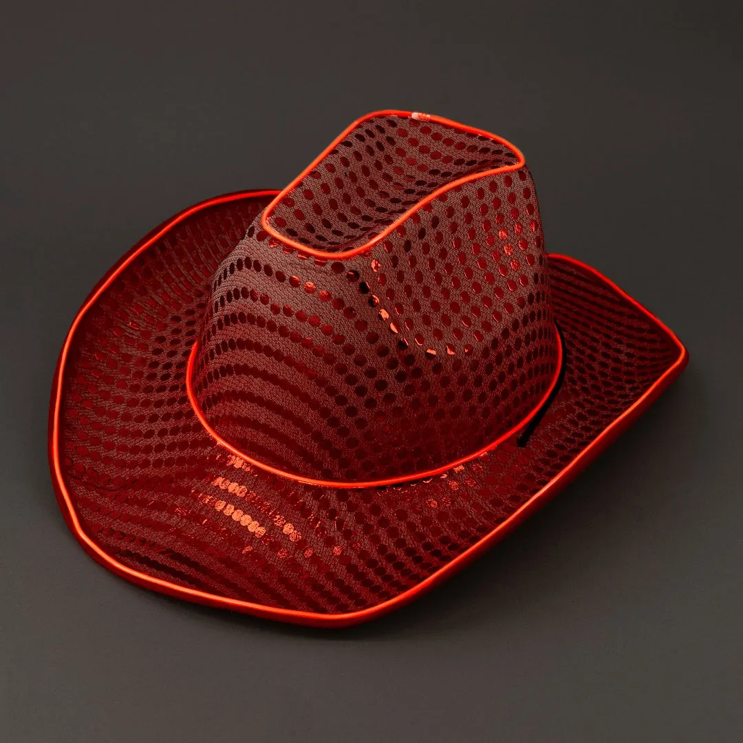 LED Flashing Red EL Wire Sequin Cowboy Party Hat - Pack of 18 Hats