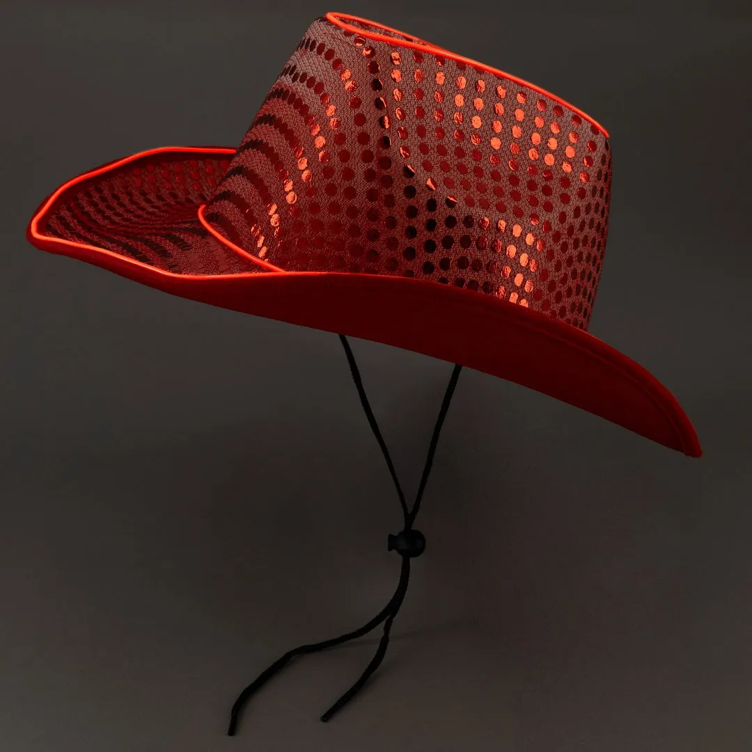 LED Flashing Red EL Wire Sequin Cowboy Party Hat - Pack of 18 Hats