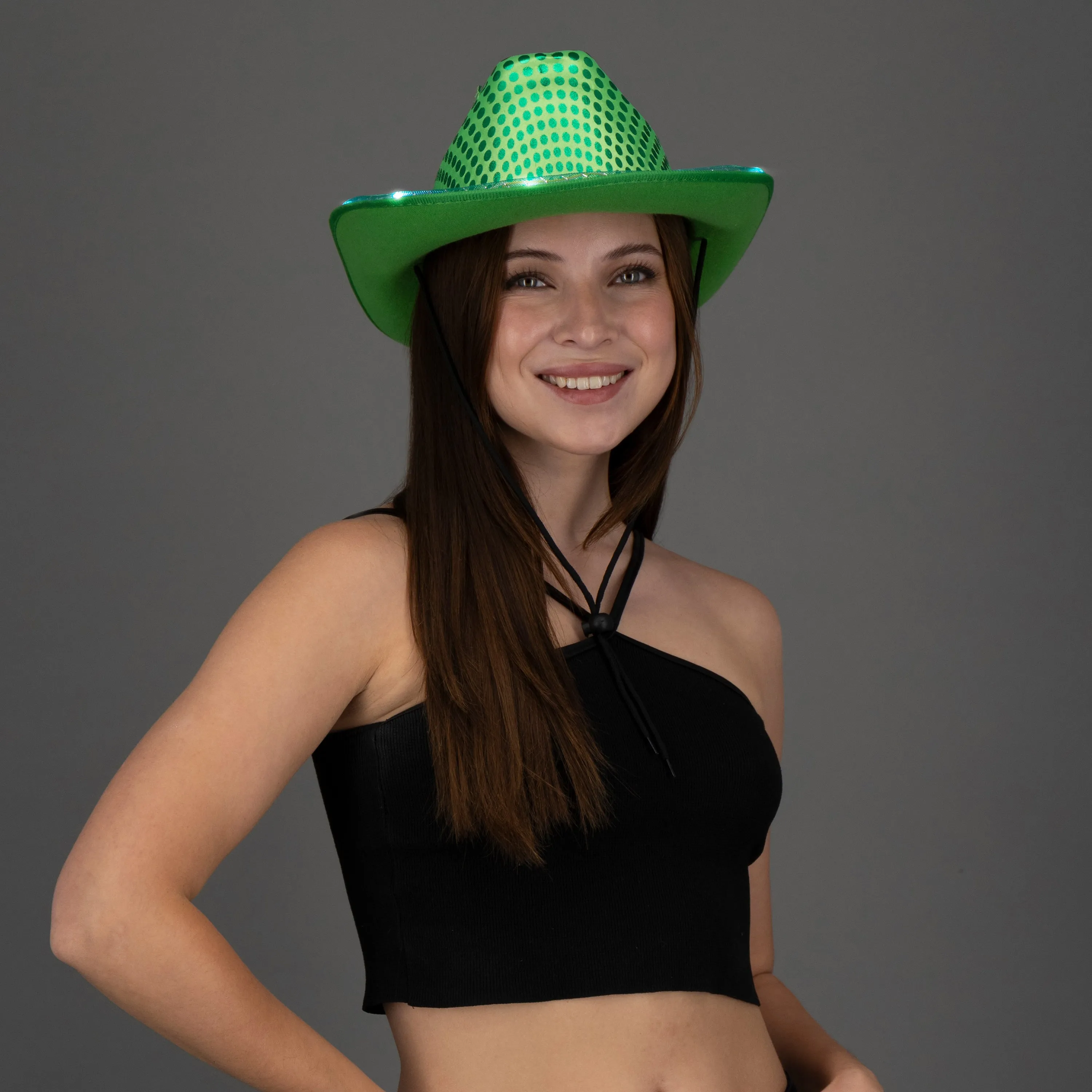 LED Light Up Flashing Sequin Cowboy Hats Green - 12 Hats