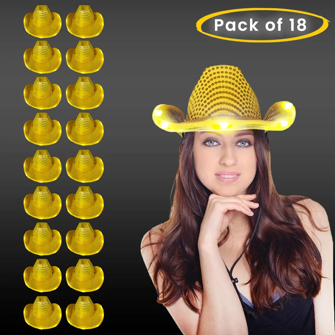 LED Light Up Flashing Sequin Gold Cowboy Hat - Pack of 18 Hats