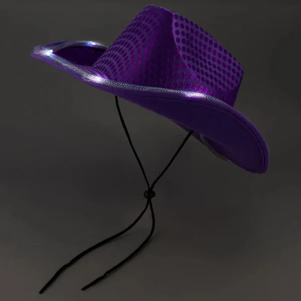 LED Light Up Flashing Sequin Green & Purple Cowboy Hat - Pack of 2 Hats