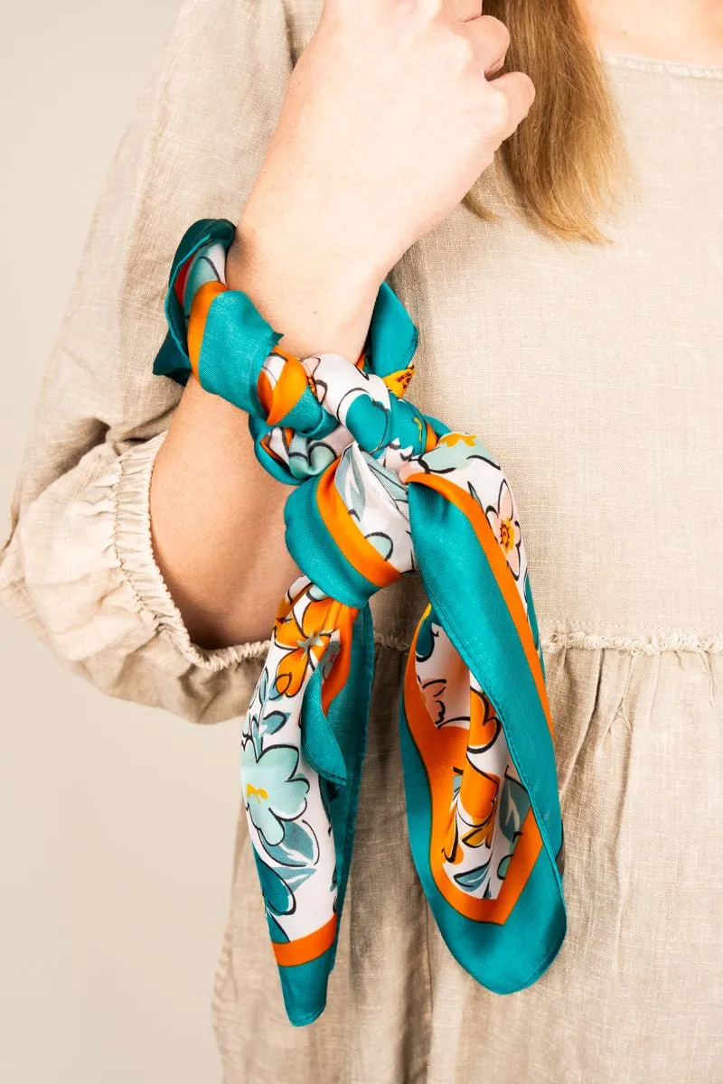 Let Your Dreams Blossom Teal Square Satin Scarf