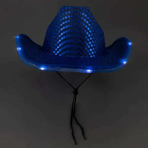 Personalized LED Light Up Flashing Blue Sequin Cowboy Hat - Pack of 20 Custom Hats