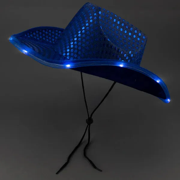 Personalized LED Light Up Flashing Blue Sequin Cowboy Hat - Pack of 20 Custom Hats