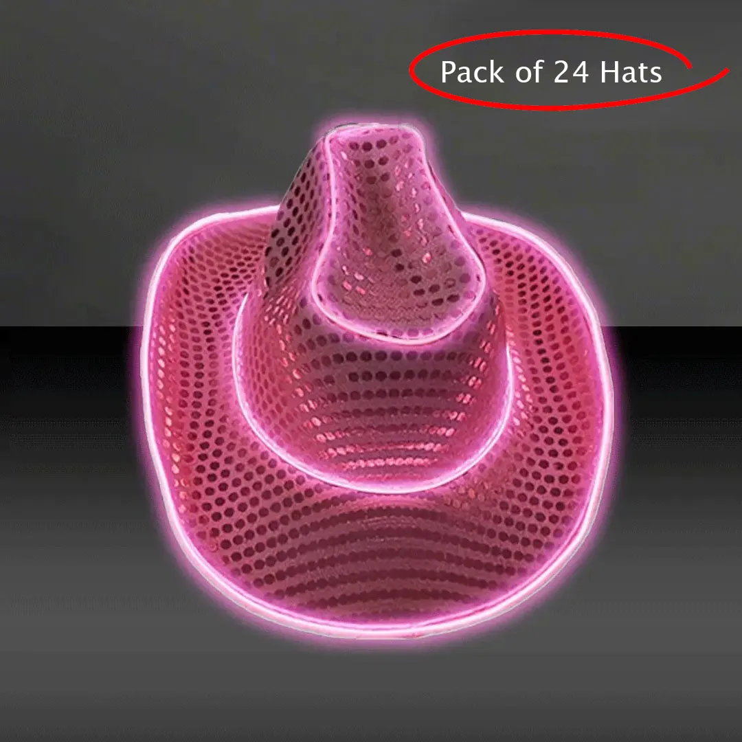 Pink LED Flashing EL Wire Sequin Cowboy Party Hat - Pack of 24 Hats