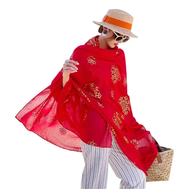 Red Scarf Women's Talma Outer Sunscreen Scarf Thin Scarf Beach Scarf Long Gilding Pattern Scarf