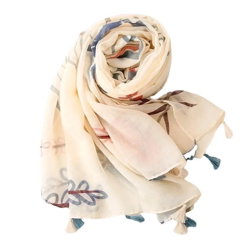 Retro Plain Beige Bottom Small Flower Tassels Thin Gauze Scarf