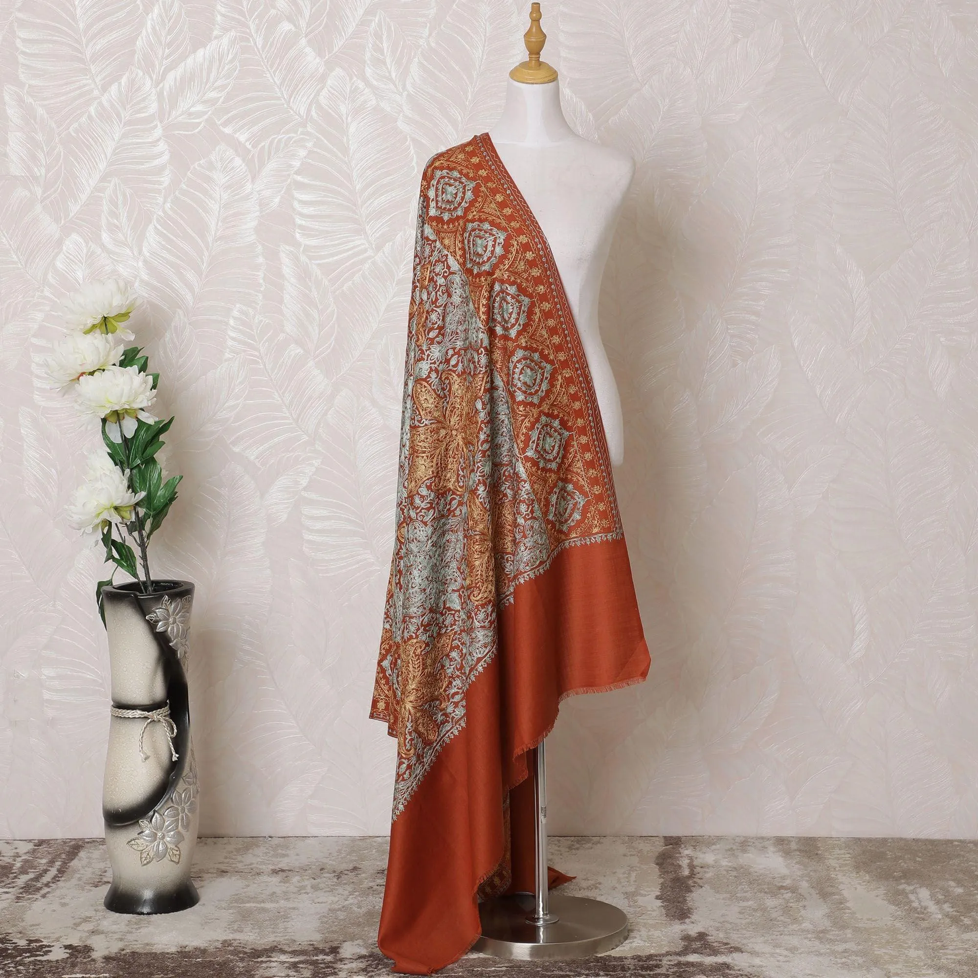 Rusty brown Premium pure kashmiri shawl with gold and vista blue jacquard in floral design-D14941