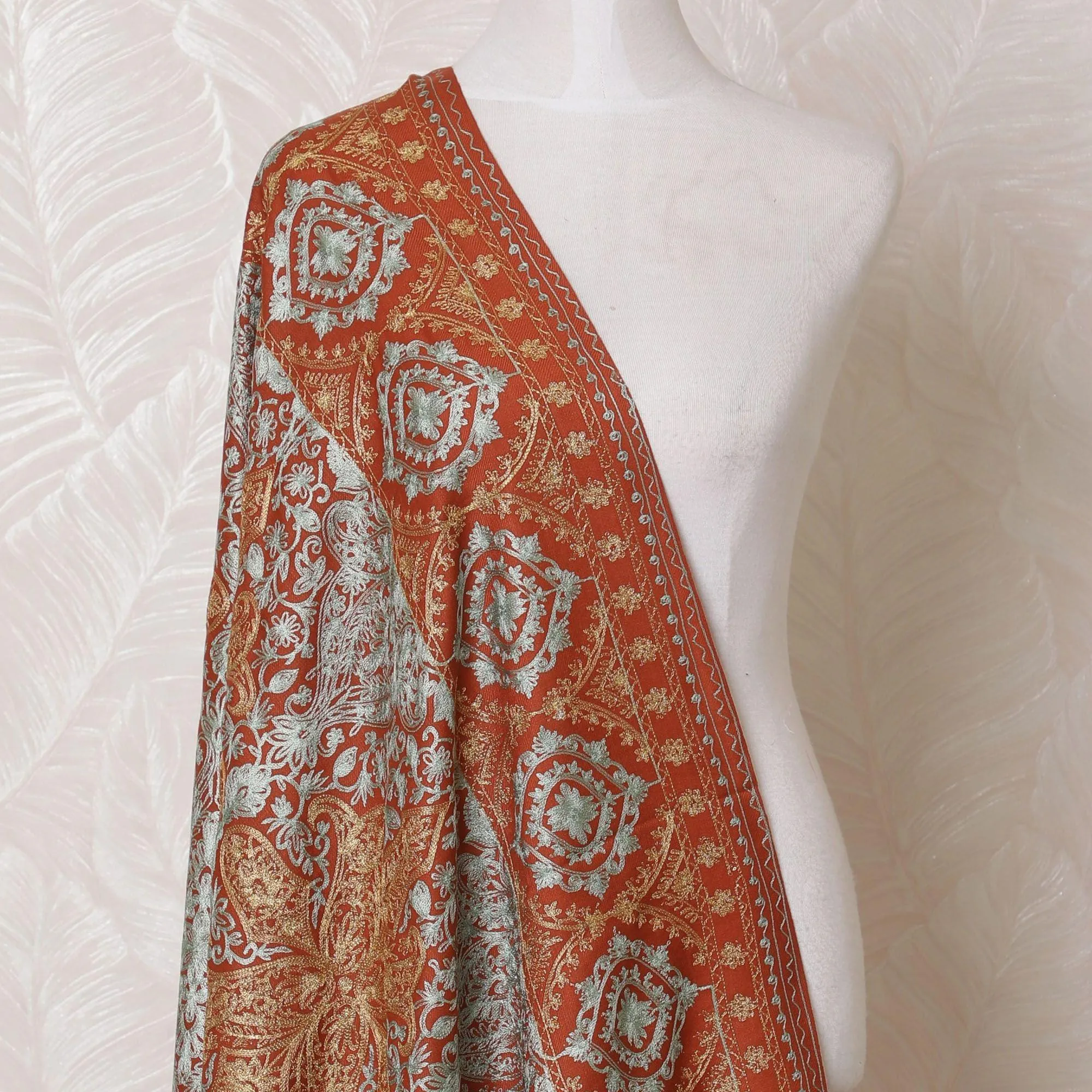 Rusty brown Premium pure kashmiri shawl with gold and vista blue jacquard in floral design-D14941